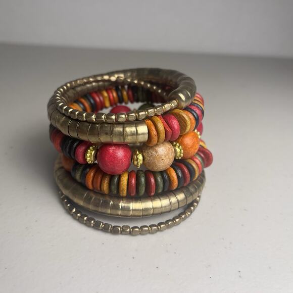 Vintage Wooden Wood Bead Coil Wrap Bracelet Brass Tone Stacking Beaded Bangle - Picture 4 of 13